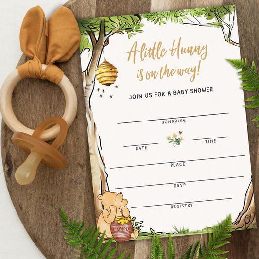 Printed Party Winnie Baby Shower Invitations with Envelopes – Classic Pooh Theme, Gender Neutral Storybook Design for Baby Boy or Girl, Set of 30