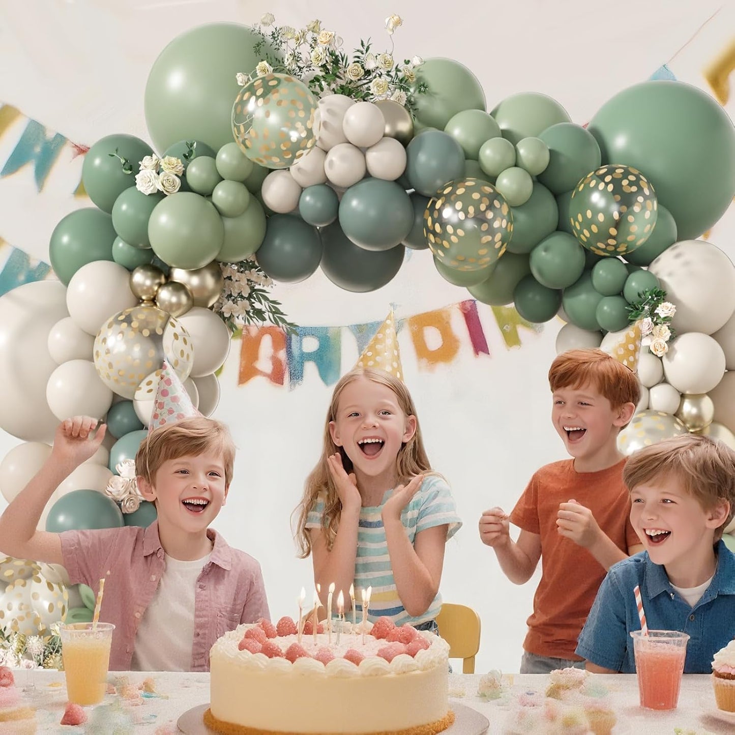 Amandir 173Pcs Dusty Green White Sand Balloon Arch Garland Kit, Beige Cream Mist Olive Light Sage Green Gold Confetti Balloons for Birthday Baby Shower Woodland Wild One Wedding Party Decorations