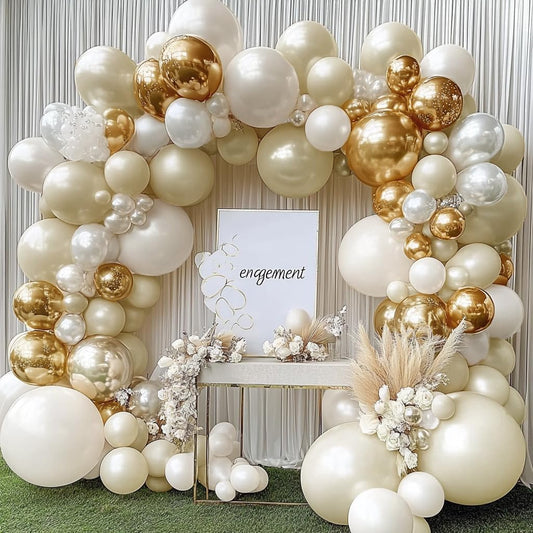 Beige Gold Balloons Double Stuffed Sand White Balloon Garland Pearl White Cream Balloons Metallic Gold Balloon Arch Kit for Birthday Wedding Bridal Anniversary Boho Baby Shower Party Decorations