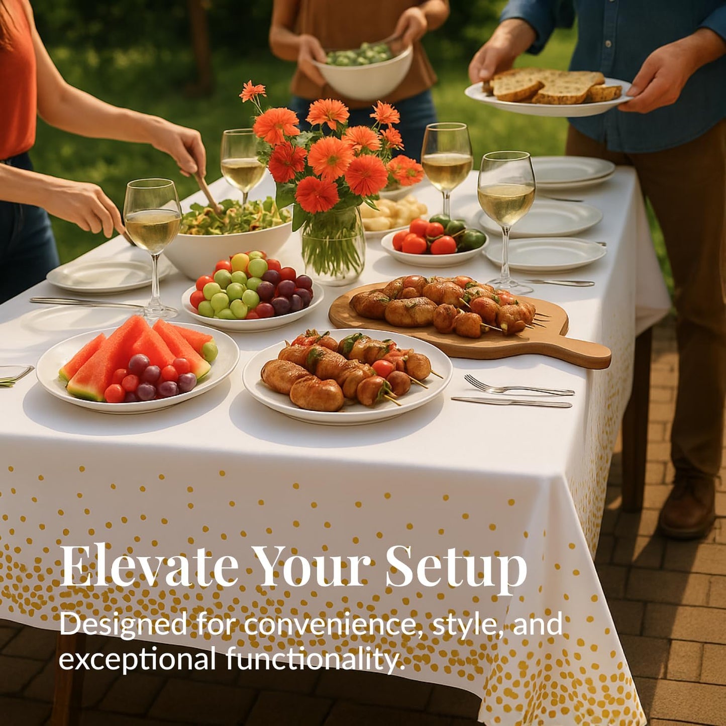 Prestee 12-Pack Disposable Tablecloth - Table Cover White and Gold Polka Dot Rectangular, 54x108 Inches - Waterproof, Stain-Resistant Party Table Covers for Weddings, BBQs, Birthdays, and Events