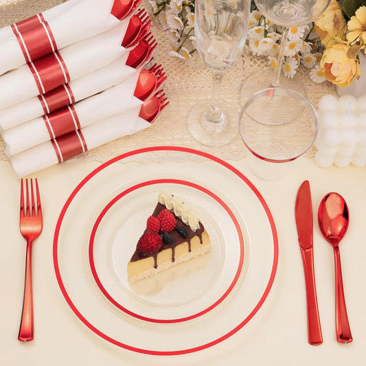 350PCS Clear and Red Disposable Plates Set for 50 Guests, 100 Plastic Plates, 50 Plastic Cups, 50 Pre-Rolled Napkins with Cutlery for Party, Christmas, Thanksgiving, Birthday, Halloween