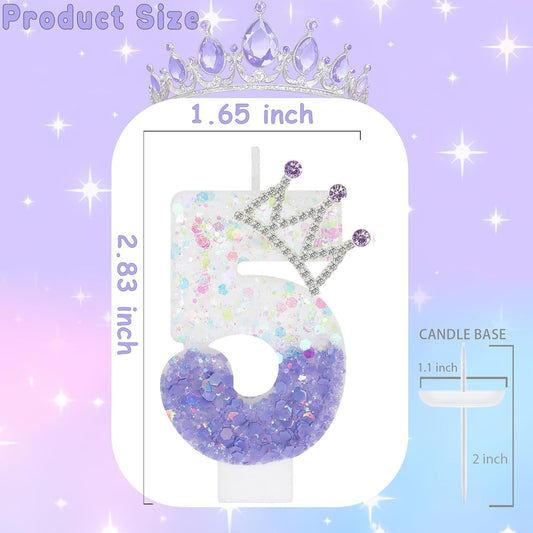 Purple White Number 5 Candle, Glitter Crown Cake Topper, Princess Birthday Party Decorations for Girls and Women Anniversary Celebrations Party Favors