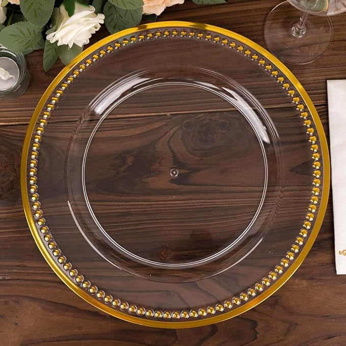 Efavormart 6 Pack 13" Beaded Gold Clear Acrylic Charger Plate, Plastic Round Dinner Charger Event Tabletop Decor