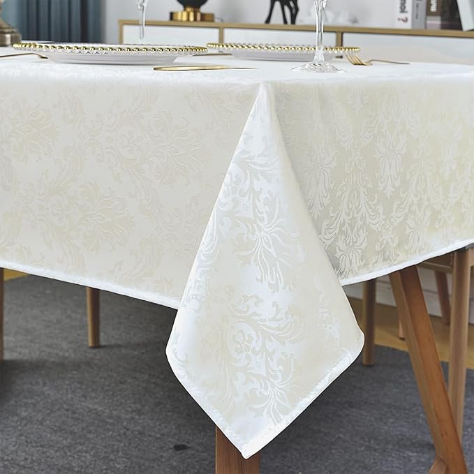 SASTYBALE Rectangle Tablecloth - 52 x 52 Inch Beige Cream Damask Table Cloth Jacquard Design Spill Proof Wrinkle Resistant Waterproof Soft Polyester Oblong Table Cover for Kitchen Parties(Ivory)