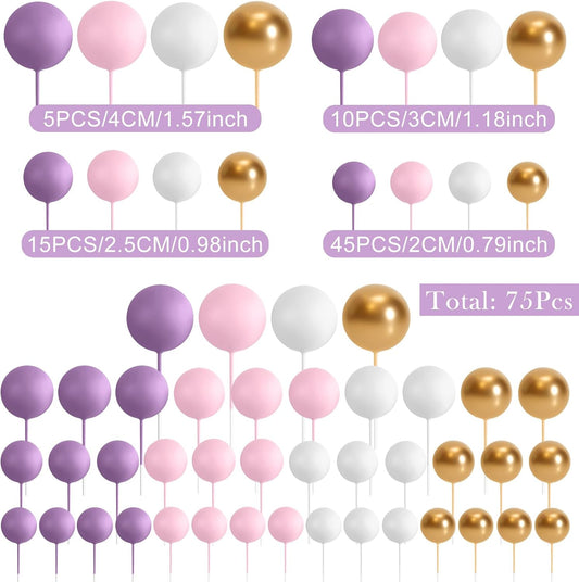 75 Pieces Cake Balls Topper Decorations Foam Cupcake Topper Mini Balloon Cake Topper Balls Cake Picks for Cake Deco Birthday Party Wedding(Purple,Pink,Gold,White)