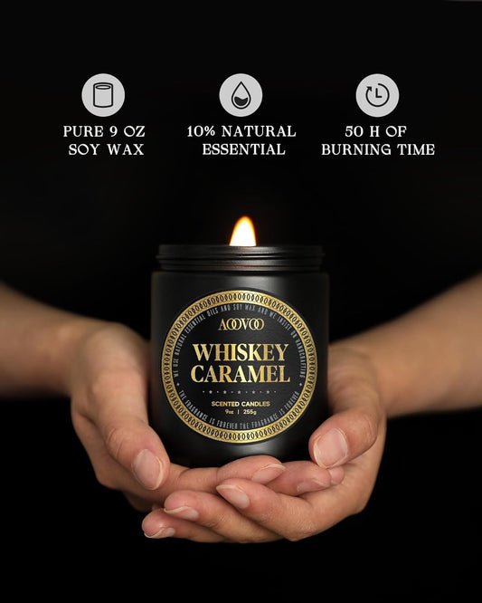 AOOVOO Scented Candles for Men - Premium Whiskey Caramel Candle for Home Scented | Crackling Wood Wick Soy Candles | Strong Fragranced Masculine Black Jar Candle Gift for Women & Men, AO-LZY0157