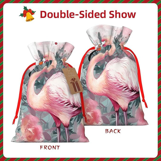 QSMJKLD Drawstring Christmas Gift Bags Vintage Boho Flamingo Florals Gift Bag Burlap Xmas Candy Pouch Reusable Christmas Wrapping Bag Xmas Party Favor Bags for Holiday Wrapping Presents Medium