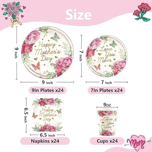 Mothers Day Decorations Happy Mother's Day Party Supplies Set for 24-Disposable Paper Plates, Napkins, Cups, Mother's Day Celebration Party Decor for Outside, Picnic