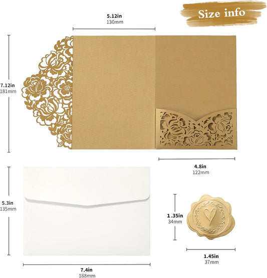 DORIS HOME 50pcs Laser Cut Wedding Invitation Pockets with Envelopes Gold, 5.12" x 7.12"Invitation Cards for Wedding, Anniversary (No Inserts Included)