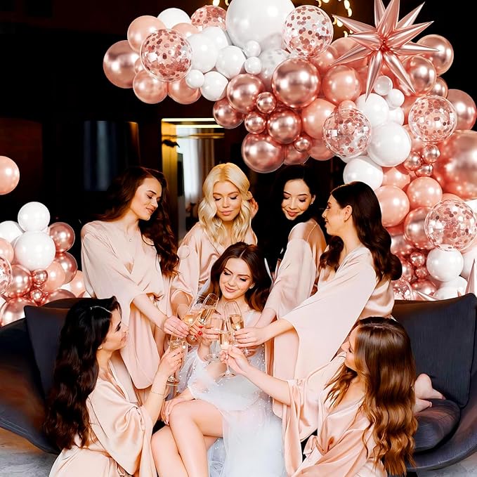 Rose Gold Balloon Garland Kit, 140Pcs Pearl Metallic Pink and White Confetti Balloons With Stars for Birthday Mothers Day Birdal Shower Wedding Sweet 16 Graduation Party Decorations