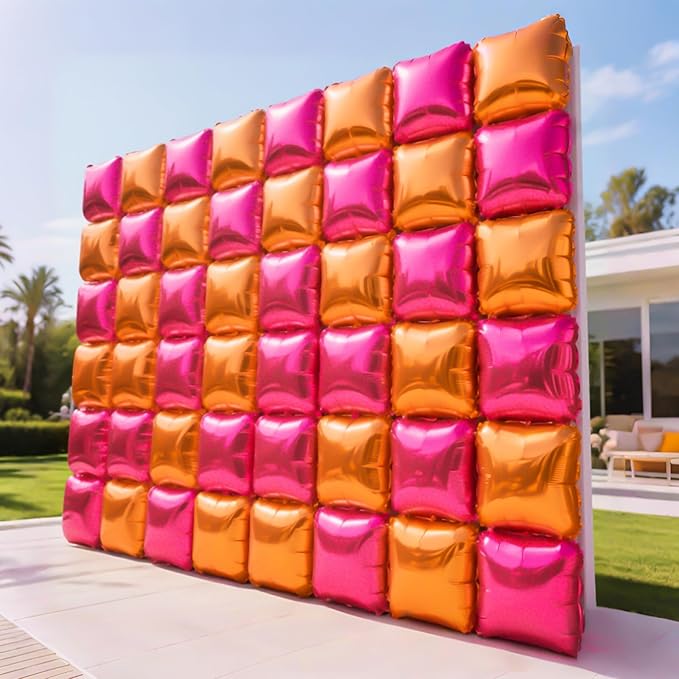 NISOCY 25PCS Rose Red and Orange Square Foil Balloons Wall Backdrop Double Sided Hot Pink Orange Balloons Arch Kit for Birthday Baby Shower Valentine's Day Wedding Tropical Party Decorations