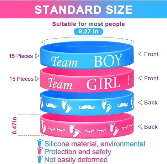 Jetec 60 Pieces Gender Reveal Bracelets, Team Boy Silicone Wristbands and Team Girl Rubber Bracelets for Gender Reveal Ideas Party Supplies Decorations
