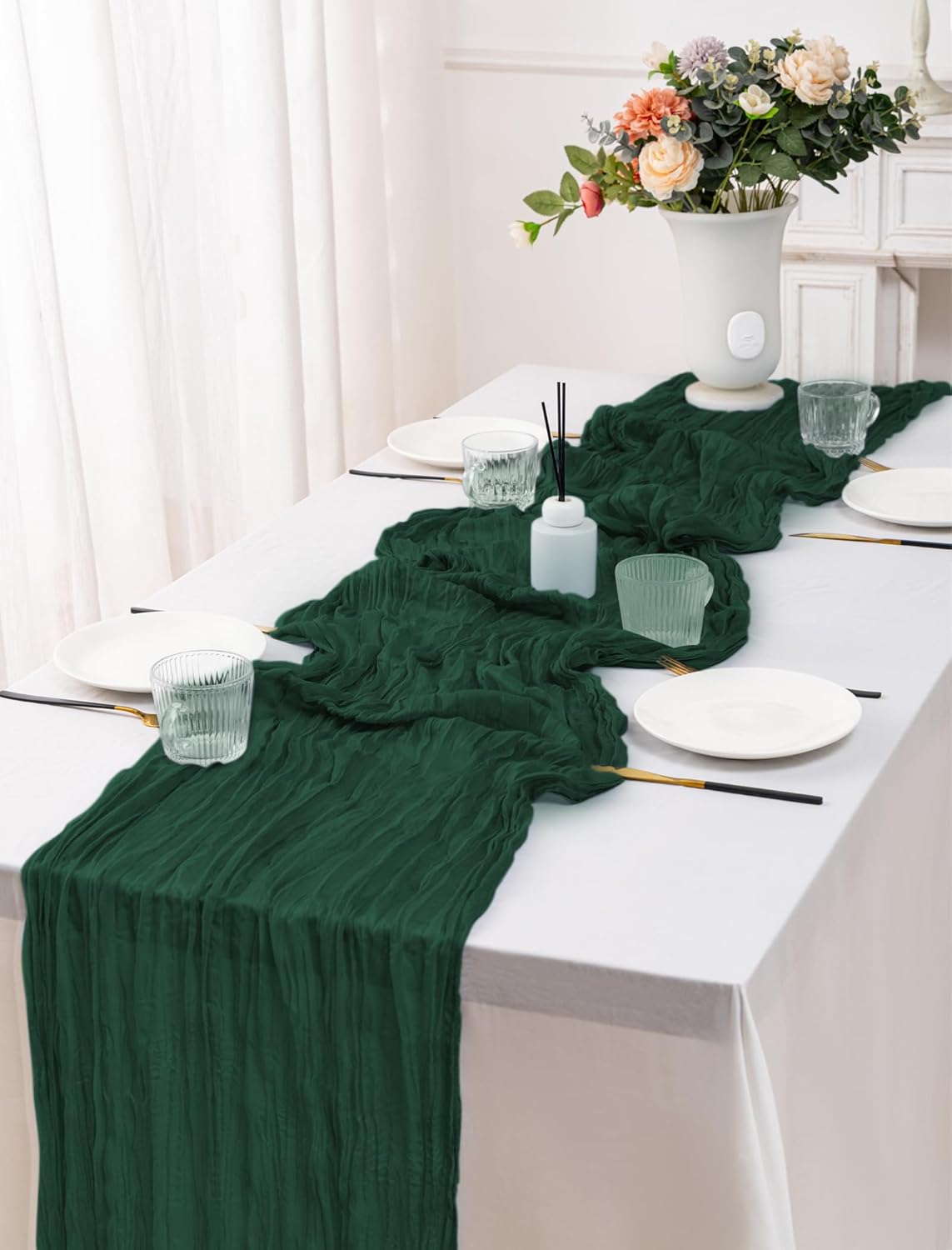 12 Pack Emerald Green Table Runners 10FT Cheesecloth Table Runner 21x120 inch Boho Gauze Cheese Cloth Table Runner Rustic Sheer Table Runners for Party Wedding Bridal Baby Shower Birthday Table Decor