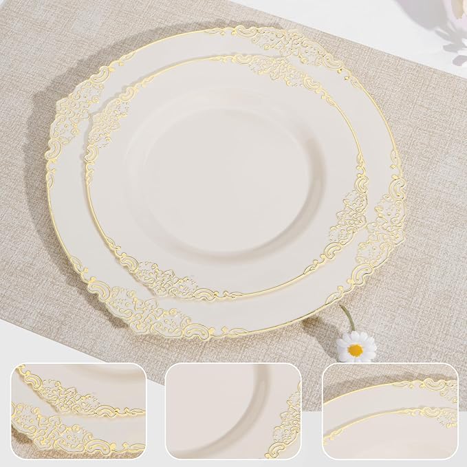 200 PCS Ivory and Gold Plastic Plates for 100 Guests, Gold Disposable Plates Include 100 PCS Dinner Plates, 100 PCS Dessert Plates for Party, Wedding and Graduation (200, Ivory White)