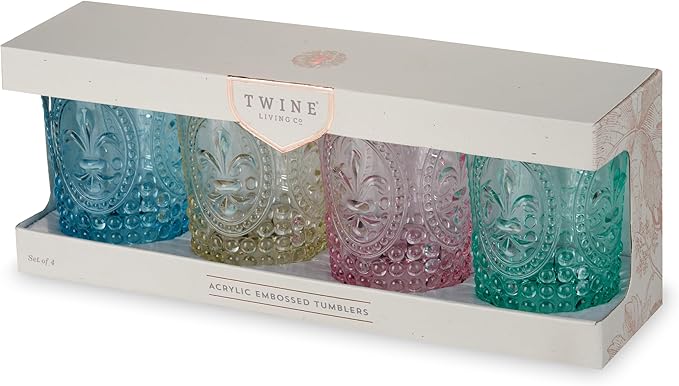 Twine Embossed Acrylic Colorful Drinking Glasses, Durable Shatterproof Tumblers for Cocktails, Wine, Juice, Water, Perfect for Outdoor Parties, BBQs, Poolside & Patio, 10.5 oz, Set of 4, Assorted