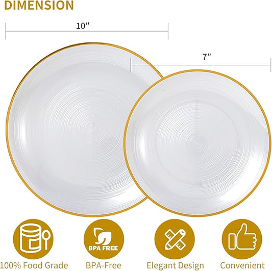 N9R 60PCS White Plastic Plates with Gold Rim, Elegant Disposable Plates, Circular Ribbed Design, 30 Dinner & 30 Dessert Plate for Parties, Weddings, Banquets, and Events (Translucent White)