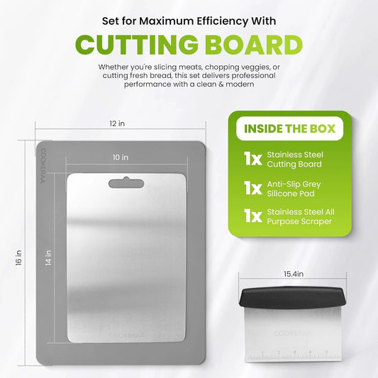 Titanium Cutting Board with Anti-Slip Silicone Pad & Multipurpose Scraper, Food Grade Rustproof Stainless Steel Cutting Board Kitchen Set, Space Saving Design, Non-Skid Bottom (14" x 10")