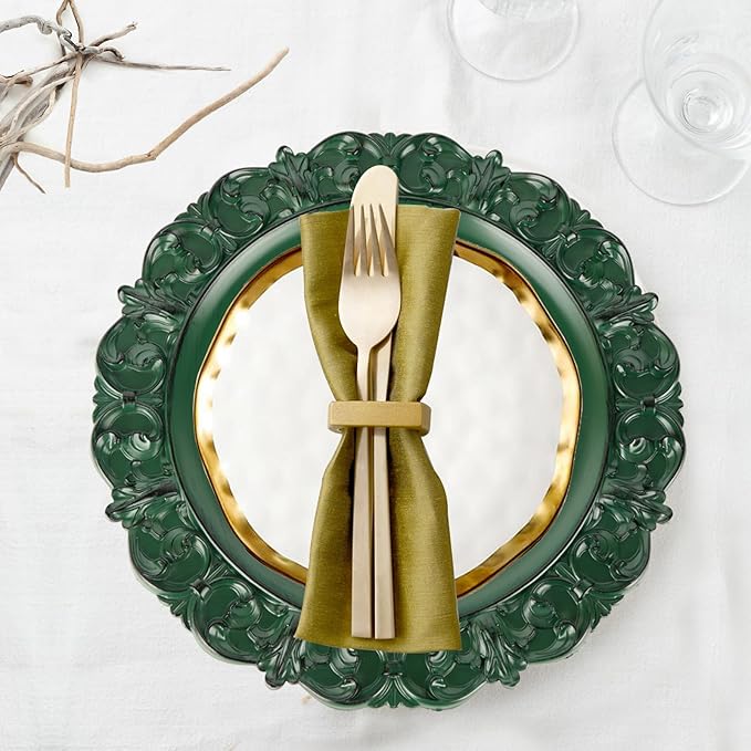 Gifturbo 6 Pcs Green Charger Plates, 13 Inch Round Chargers for Dinner Plates with Vintage Embossed Rim, Antique Plastic Plate Chargers for Christmas Party, Table Setting, Wedding