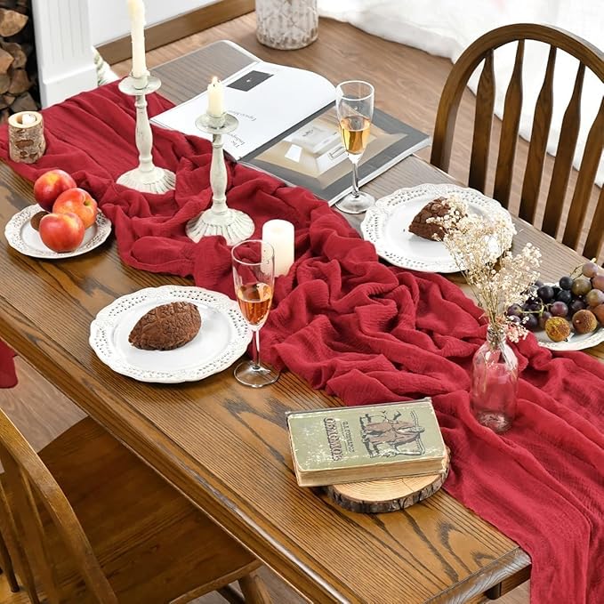 Artoid Mode Boho Red Gauze 6 Pieces Wedding Table Runner, 120 Inch Birthday Fabric Kitchen Dining Holiday Table Decor for Home Party Indoor