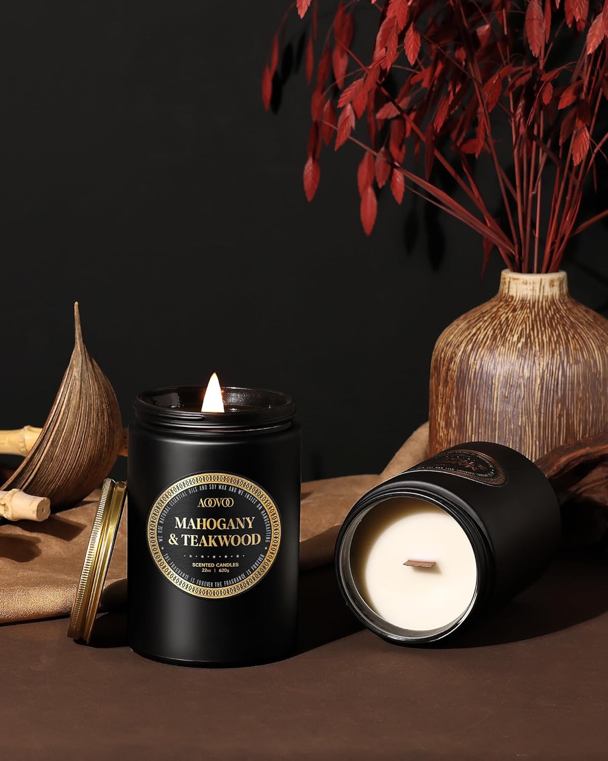 AOOVOO Scented Candles for Men - Large Mahogany & Teakwood Candles for Home Scented | Crackling Wood Wick Soy Candle | Strong Fragranced Masculine Black Candle Gift for Women & Men, 22oz