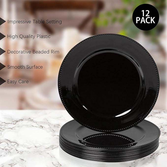 MAONAME Black Charger Plates, Round Dinner Charger with Beaded, 13 Inch Plastic Plate Chargers for Wedding, Table Decor, Set of 12