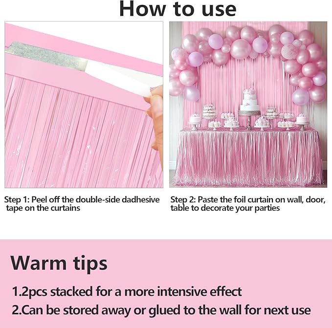4 Packs Pastel Pink Foil Fringe Curtain, Baby Pink Metallic Tinsel Backdrop for Birthday, Wedding, Baby Shower, Princess Bachelorette Cowgirl Bow Party Decorations Supplies