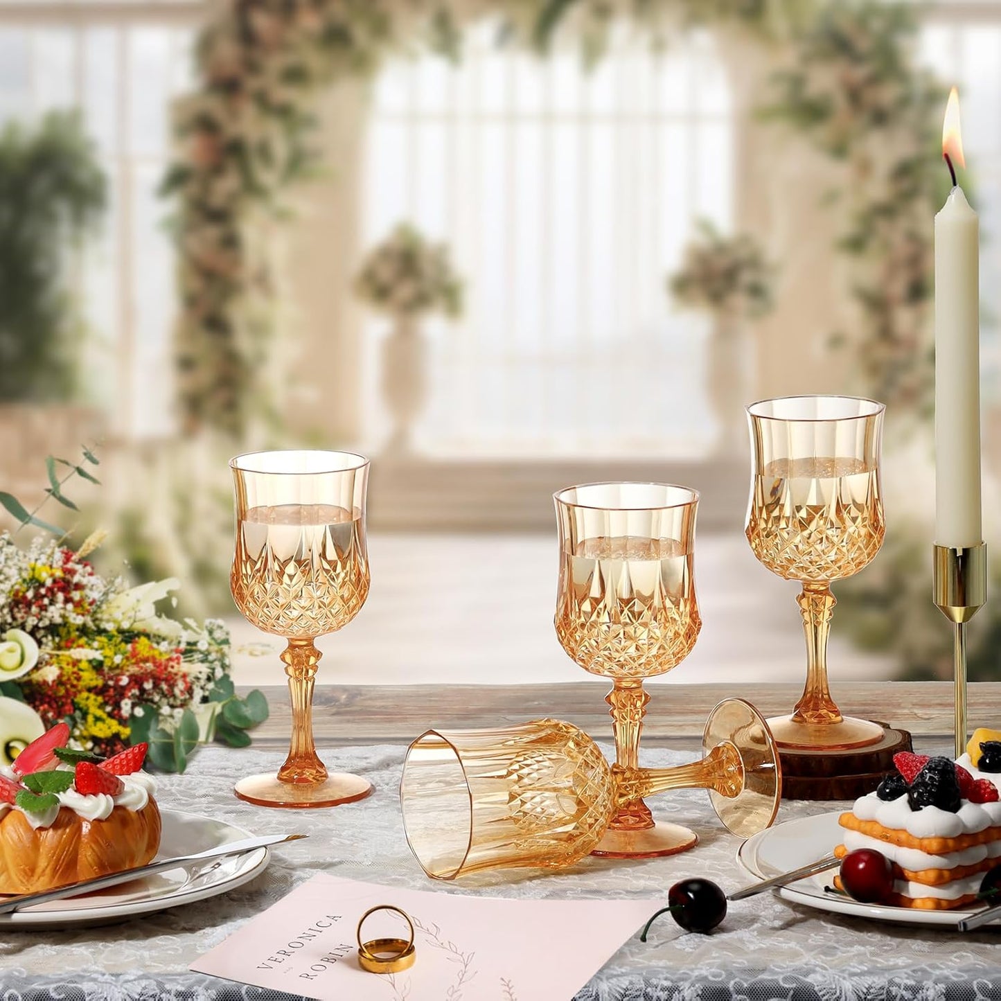 XUWAIDSGN 16 Pcs 7oz Plastic Vintage Wine Glasses Drinking Glasses Unbreakable Wedding Glassware Crystal Water Goblets Reusable Drinkware Vintage Champagne Flutes (16, Amber)