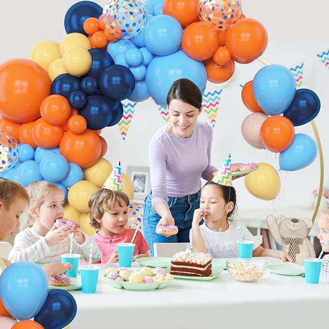 Amandir 153pcs Blue Orange Balloon Garland Arch Kit, Different Sizes 18 12 10 5 inch Navy Blue Yellow Latex Pearlescent Confetti Balloons for Girl Boys Blue Birthday Party Decorations