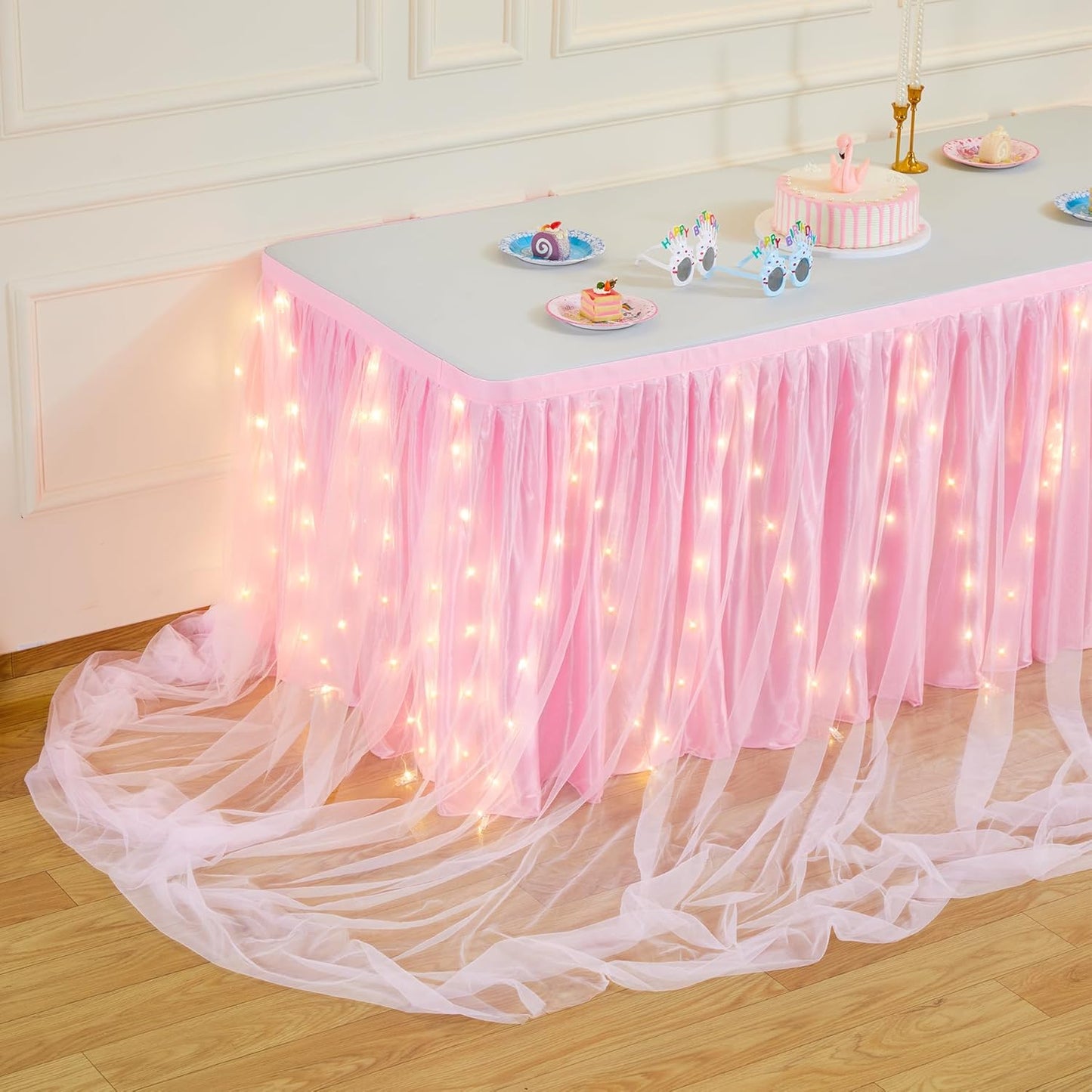 9FT Pink Tulle Table Skirt for Rectangle or Round Tables, Pink Tutu Table Skirt with LED Lights for Princess Girl Birthday Party Baby Shower Gender Reveal Wedding Banquet Cake Dessert Decorations