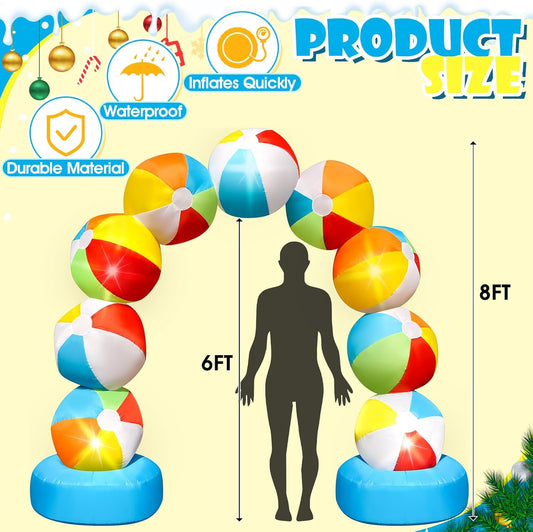 8FT Christmas Inflatable Beach Ball Arch Blow Up Arch Built-in 5 LED Lights for Winter Inflatables Outdoor Decorations Birthday Party Favors Xmas Party Supplies for Pool Beach Yard Lawn Garden Decor