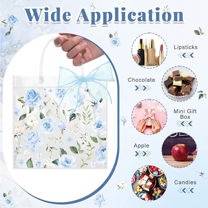 Wesnoy 24 Pcs Clear Floral Gift Bags with Handles Rose Blue Flower PVC Treat Tote Bag for Tea Birthday Party Wedding Bridal Shower Bachelorette Anniversary Engagement Guests, 7.8 x 7.8 x 3.2 Inch