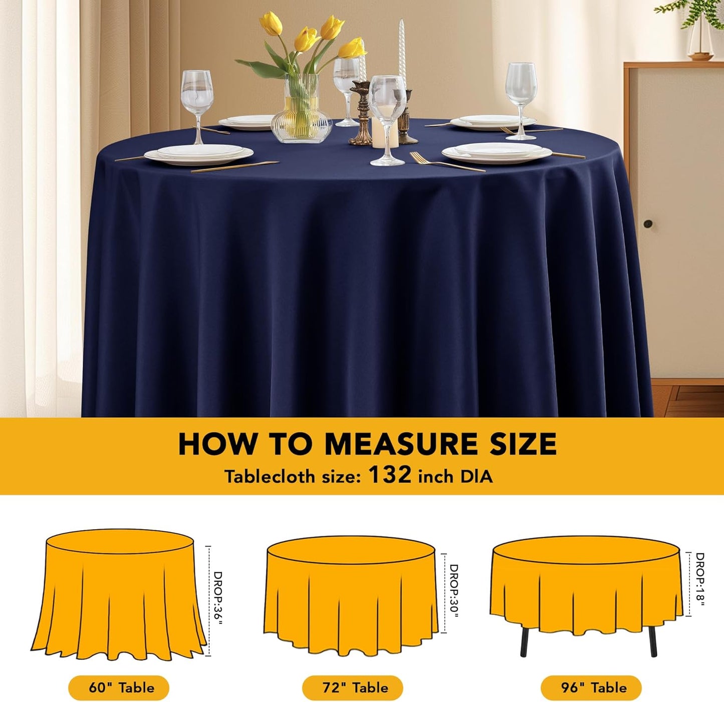 6-Pack Navy Blue Round Tablecloths, 132 Inches, Stain-Resistant Polyester for 6-8 Ft Round Tables - Washable Table Covers for Weddings, Banquets, Birthday Parties, Events