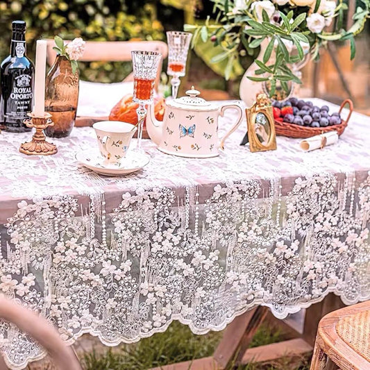 French Embroidery Lace Tablecloth - Round/Rectangular/Square Options for Coffee Tables, Vintage White Lace Table Cover for Kitchen, Dining Room, Party, Banquet, Wedding, Picnic, Home Decor(53*53in)
