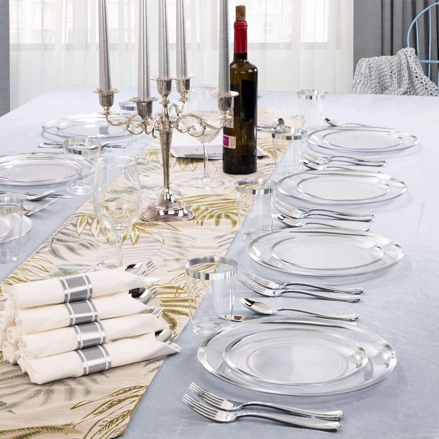 LIYH 210 Pcs Rolled Plastic Silverware Dinnerware Sets - Clear Disposable Heavyduty Plastic Disposable Plates for Wedding Party Silver Rimmed Cups 30 Guests