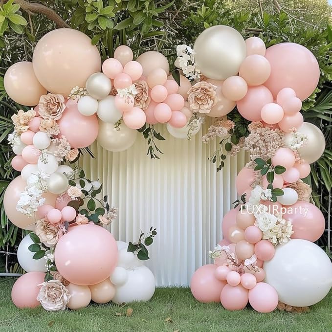 Pink White Balloon Garland Double Stuffed Pink Beige Cream Peach Pastel Balloon Arch Kit Pearl Sand White Balloons for Baby Shower Birthday Wedding Anniversary Party Decoration
