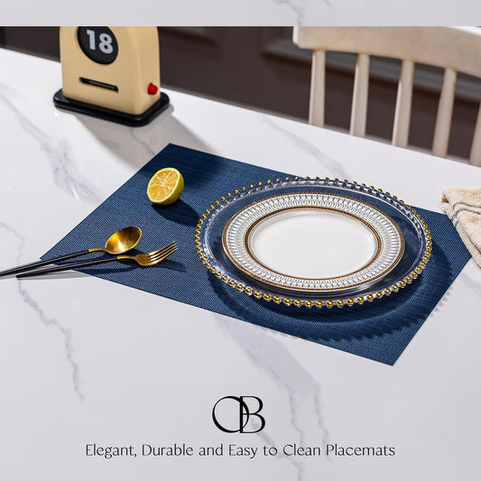 Placemats Set of 12 - Easy Clean Woven Vinyl Placemats for Dining Table, Indoor/Outdoor Place Mats, Washable PVC Table Mats(Navy Blue)