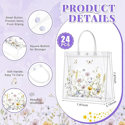 Kacctyen 24 Pcs Wildflower Gift Bags Wildflower Theme Clear PVC Bags with Handles Flower Party Favors for Wedding Birthday Baby Shower Party Supplies Return Gift Wrap Totes for Guests