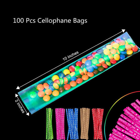 Cellophane Treat Bags, 2x10 Inch Iridescent Holographic Pretzel Bags With Twist Ties, Chocolate, Cookies (Pack of 100)