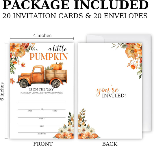 Vintage Truck & Pumpkin Baby Shower Invitations - “A Little Pumpkin Is On The Way” Design with Envelopes And RSVP Cards - 20Pcs Fill In Baby Shower Party Cards(4 x 6 Inch) (046)