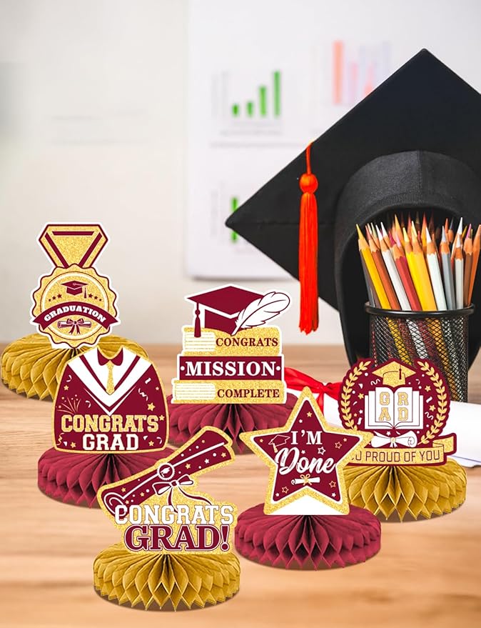 Graduation Table Decorations 2026, Maroon Gold Graduation Centerpieces for Tables, 9Pcs Honeycomb Centerpieces, 3D Congrats Grad Table Toppers for Grad Party Decorations, Class of 2026 Decor