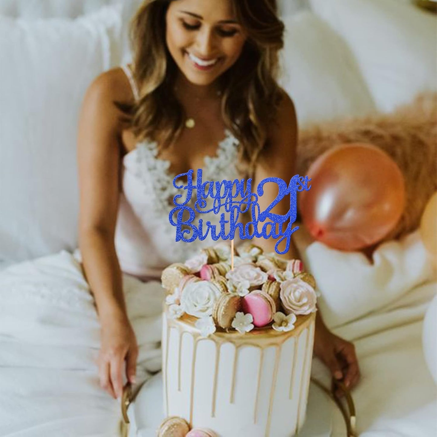 1 PCS Happy 21st Birthday Cake Topper Glitter Cheers to 21 Years Cake Pick 21 Fabulous Cake Decoration for 21st Birthday Theme Party Decorations Supplies Blue