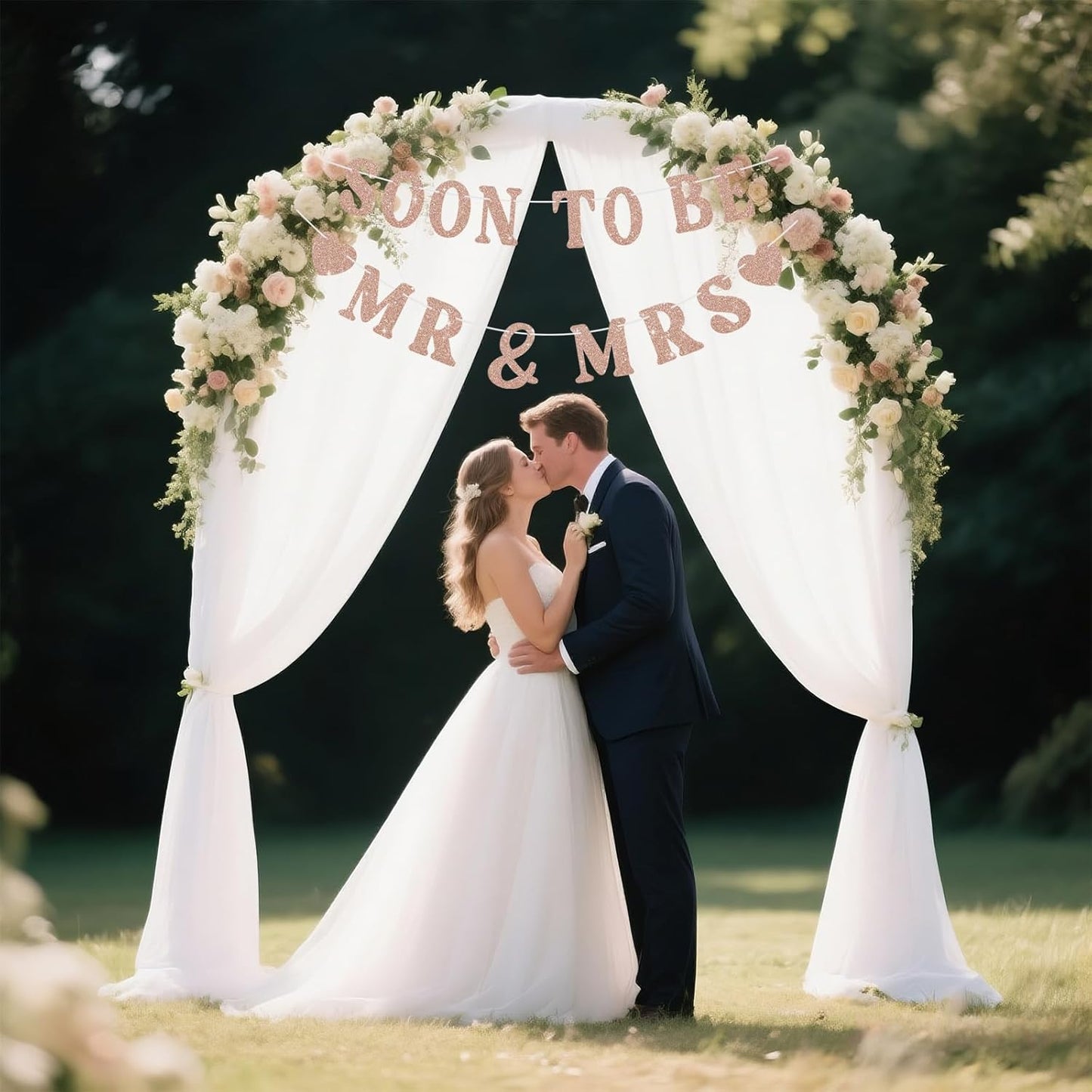 Soon To Be Mr & Mrs Sign for Bridal Shower Banner, Pre-Strung Rose Gold Glitter Wedding Banner, Engagement Banners for Mantle Hanging Sign Couples Shower Decorations