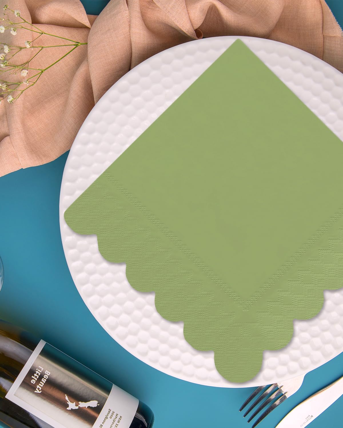 qiqee Matcha Green Cocktail Dinner Napkins 5x5inch Disposable Beverage,Wedding, Birthday Party Dessert Wave Paper Napkins(120 Count)