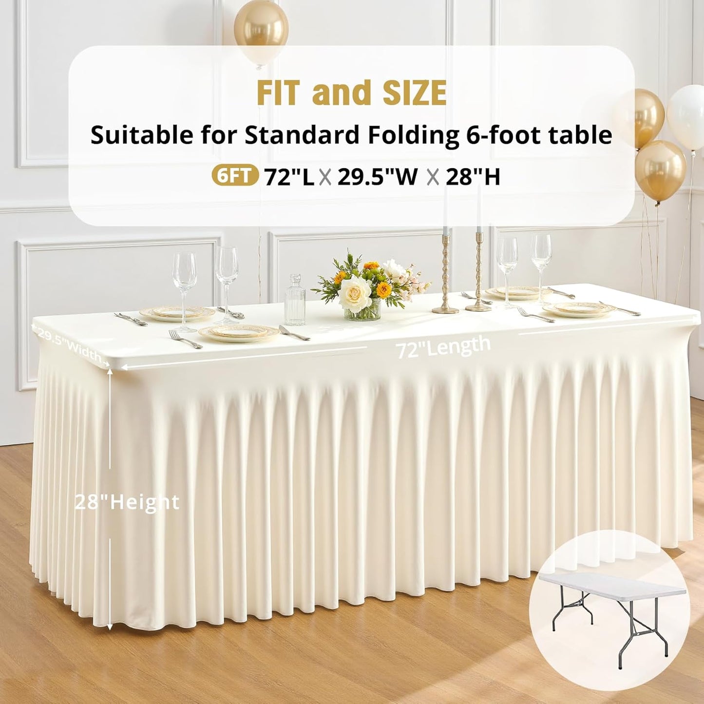 4 Pack 6ft Ivory Spandex Table Cloths for Rectangle Tables Wrinkle Free Ivory Rectangle Tablecloths Stretch Fitted Table Cover with Skirt for Wedding Birthday Party Banquet Baby Shower Buffet Event