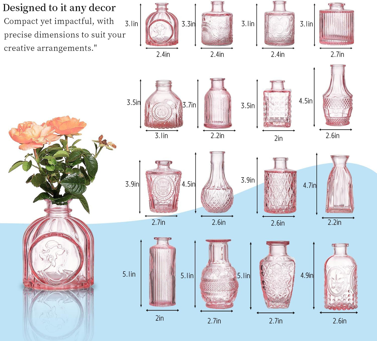Glass Bud Vases Set of 64 - Pink Assorted Small Mini Glass Vases for Flowers, Crystal Vintage Vase Set, Bulk Centerpieces for Table Décor, Wedding, Home and Events (Pink, 64 Pcs)