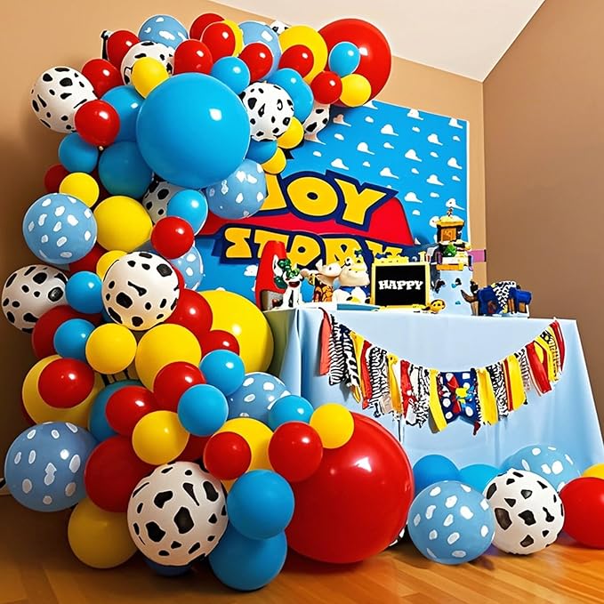 68Pcs Red Yellow Blue Toy Balloons 12 Inch Light Blue Cloud Cow Print Balloons for Baby's Birthday Story and Football Party Themed Decorations.