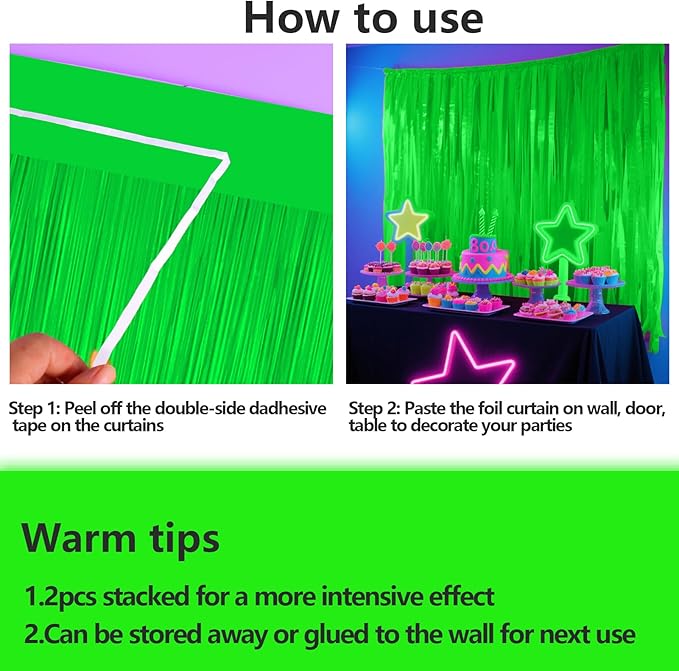 Glow in The Dark Party Supplies, 4 Packs Neon Party Decorations, Macaron Green Blacklight Reactive Fluorescent Tinsel Foil Fringe Curtains, Luminous Backdrop Streamers for Birthday, Photo Booth Prop