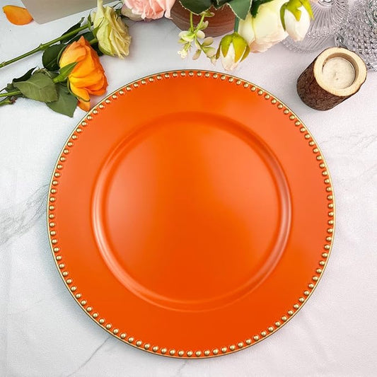 Orange Charger Plates with Beaded Rim, 13" Round Charger for Dinner Plates, Set of 6, Plastic Plate Chargers for Halloween, Table Setting, Party Decoration.