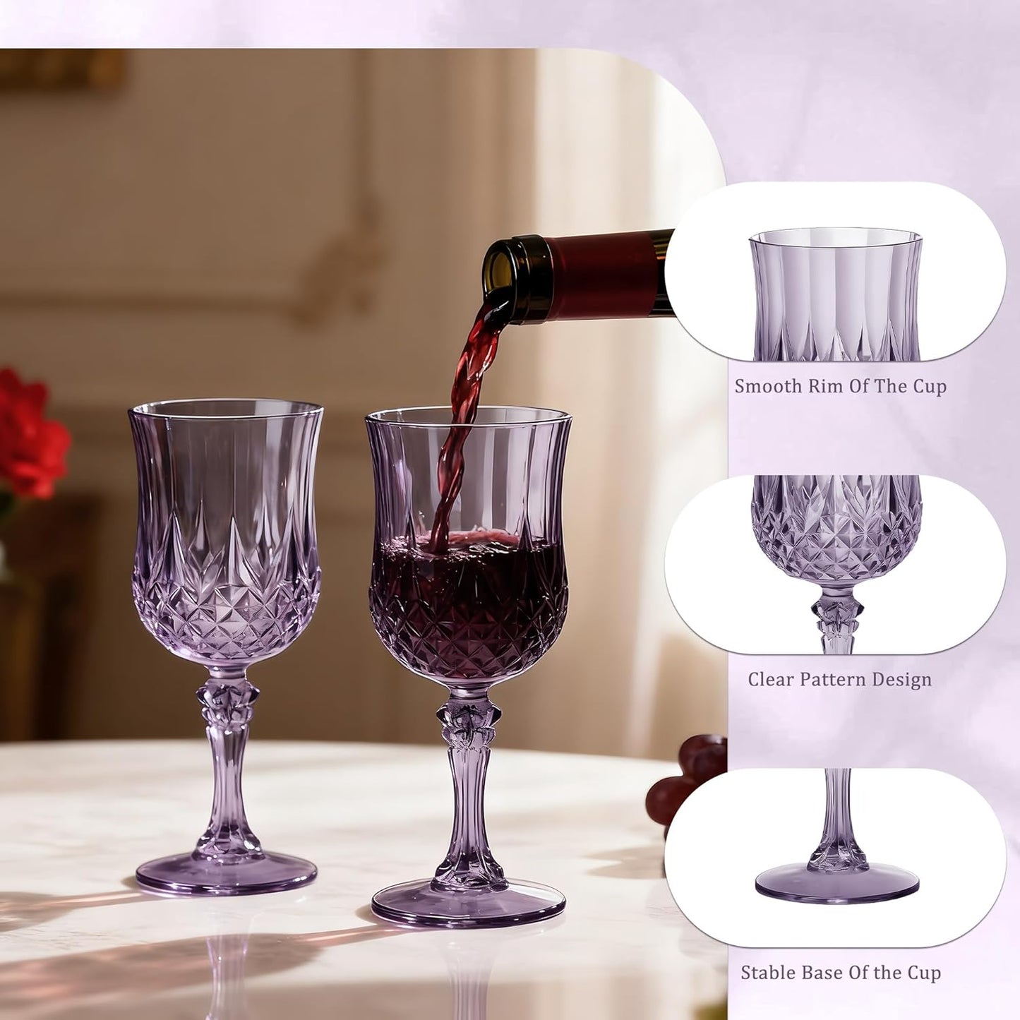 12PCS 7OZ Dark Purple Wine Plastic Glasses Drinking Champagne Glasses Flutes Crystal Vintage Water Unbreakable Goblets for Halloween, Chrismas, Wedding, Parties