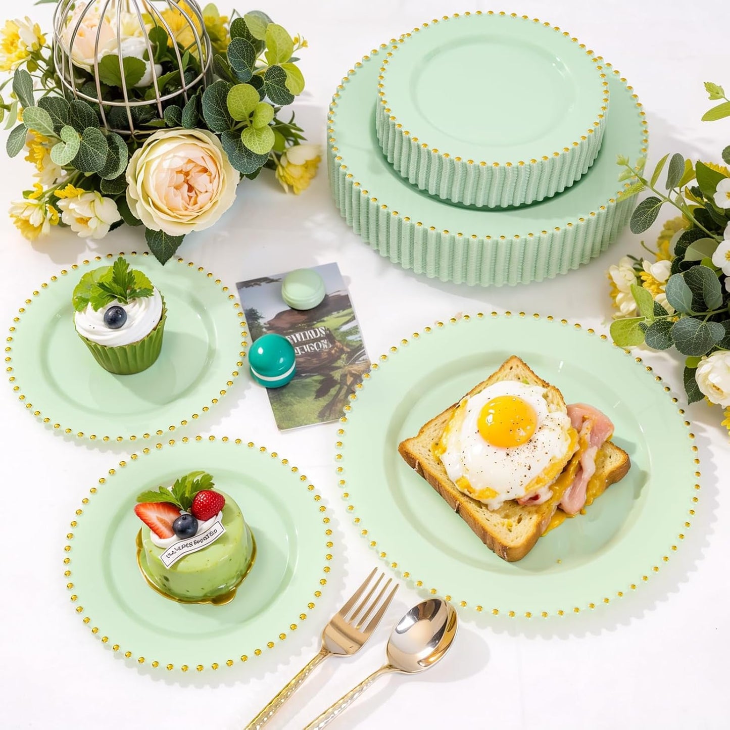 supernal 100pcs Green Plastic Plates for Party Heavy Duty Disposable Plates With Gold Beads Sage Green Plastic Plate for Wedding Birthday Bridal Shower Halloween Christmas and Thanksgiving